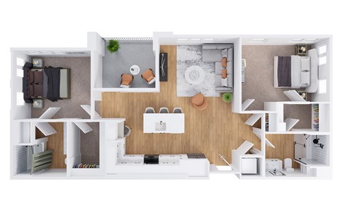 A top-down view of a modern apartment layout with a kitchen, living room, and bedrooms.